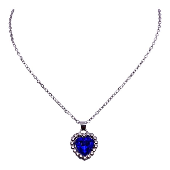 Imitation Silver BLUE SAPPHIRE Cubic Zirconia Gemstone Heart Necklace - Picture 7 of 7